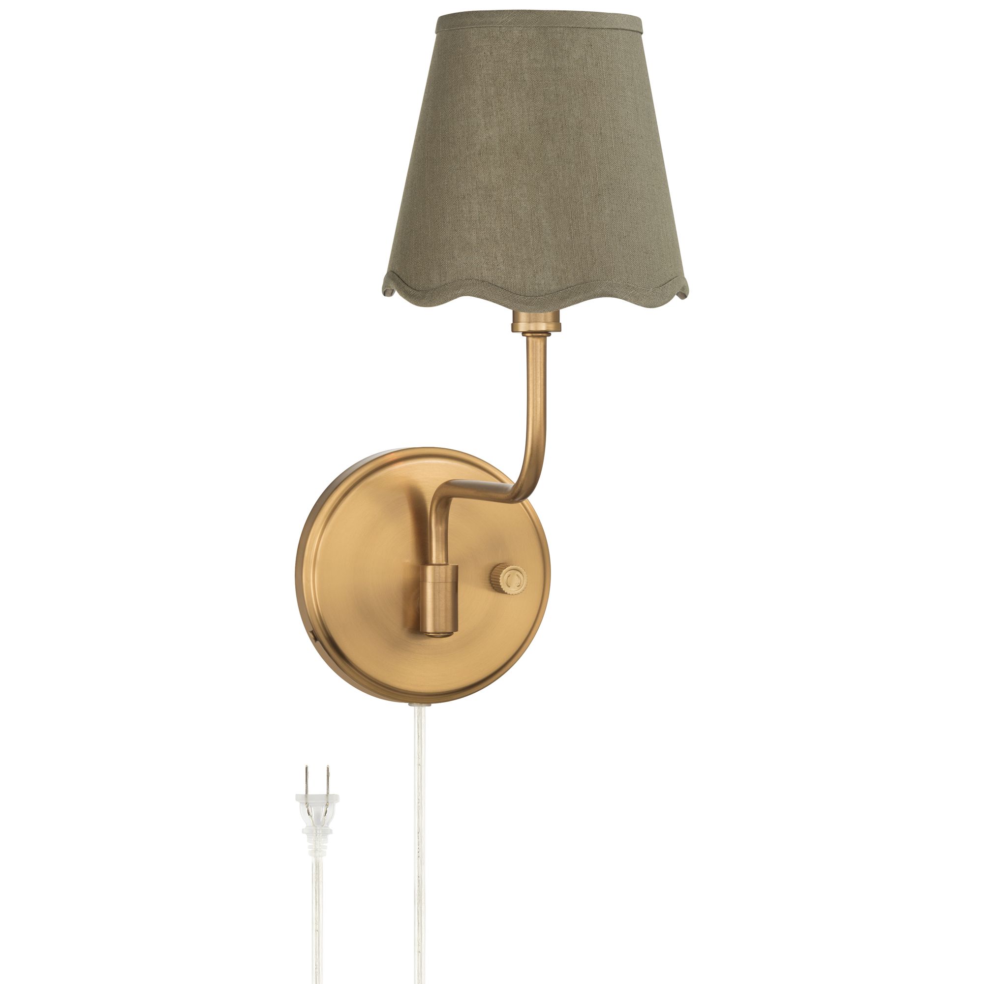 Image 2 Ophelia 9 1/2"H Warm Brass Plug-In Wall Sconce Dark Sage Scallop Shade