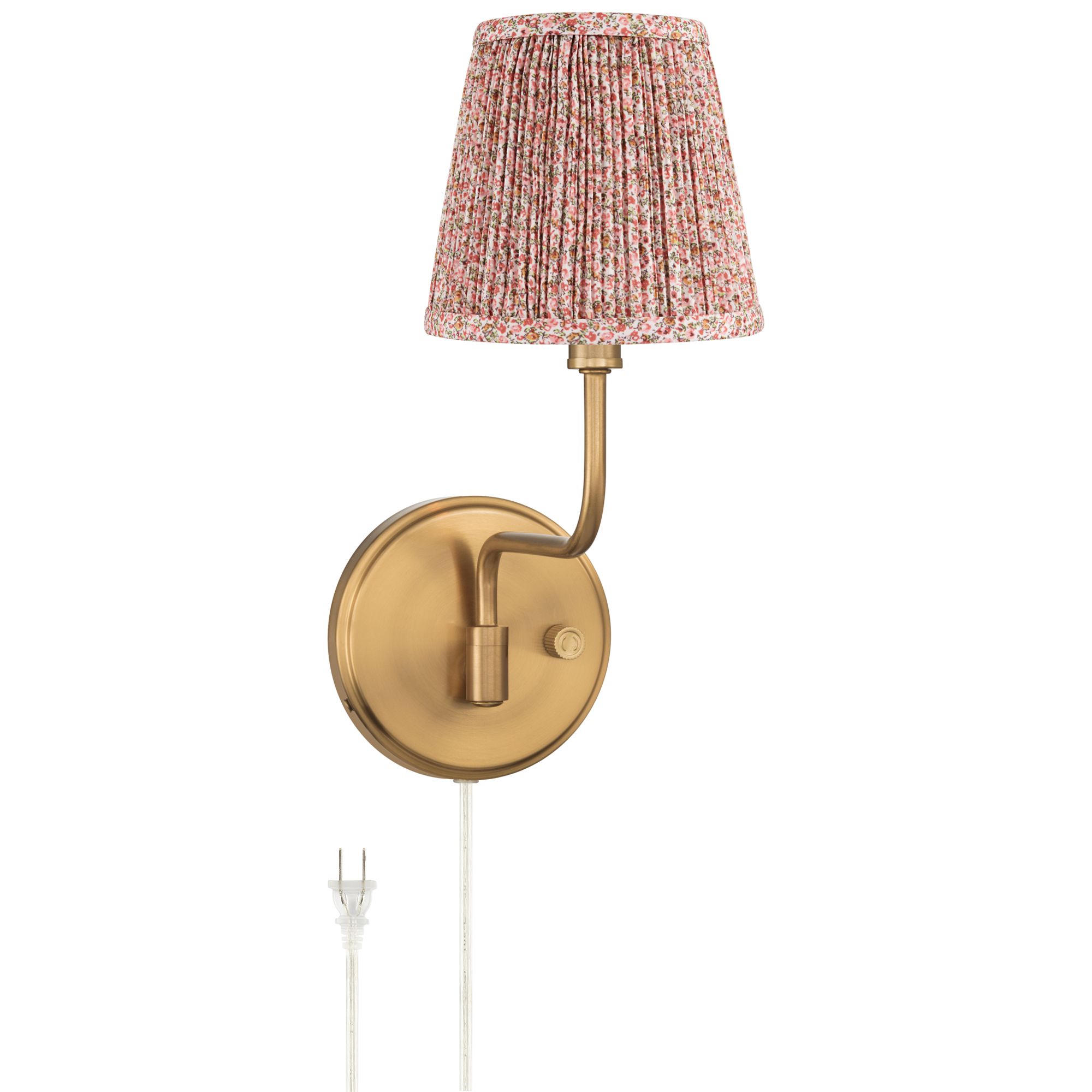 Image 2 Ophelia 9 1/2"H Warm Brass Plug-In Wall Sconce Pink Floral Shade
