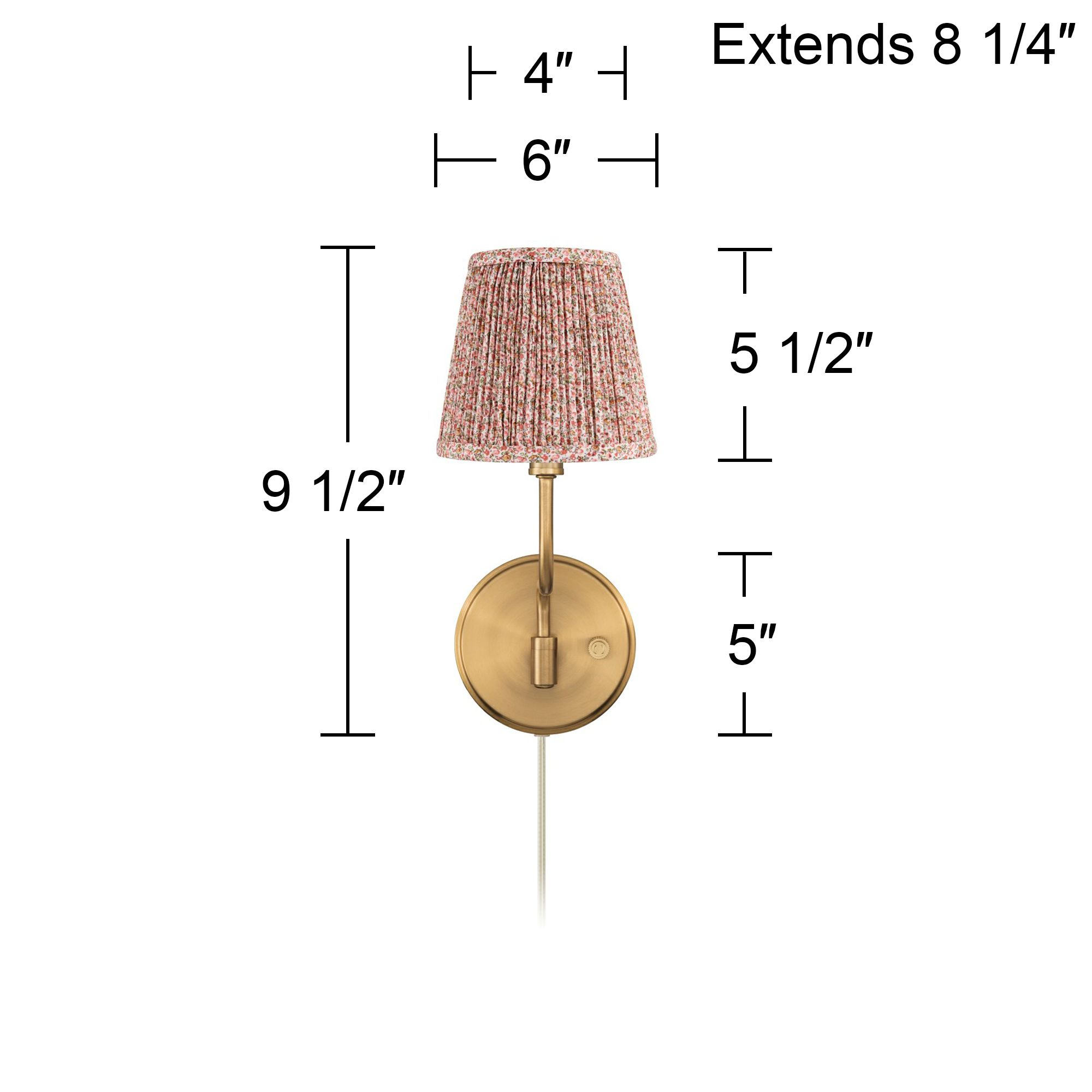 Ophelia 9 1/2"H Warm Brass Plug-In Wall Sconce Pink Floral Shade