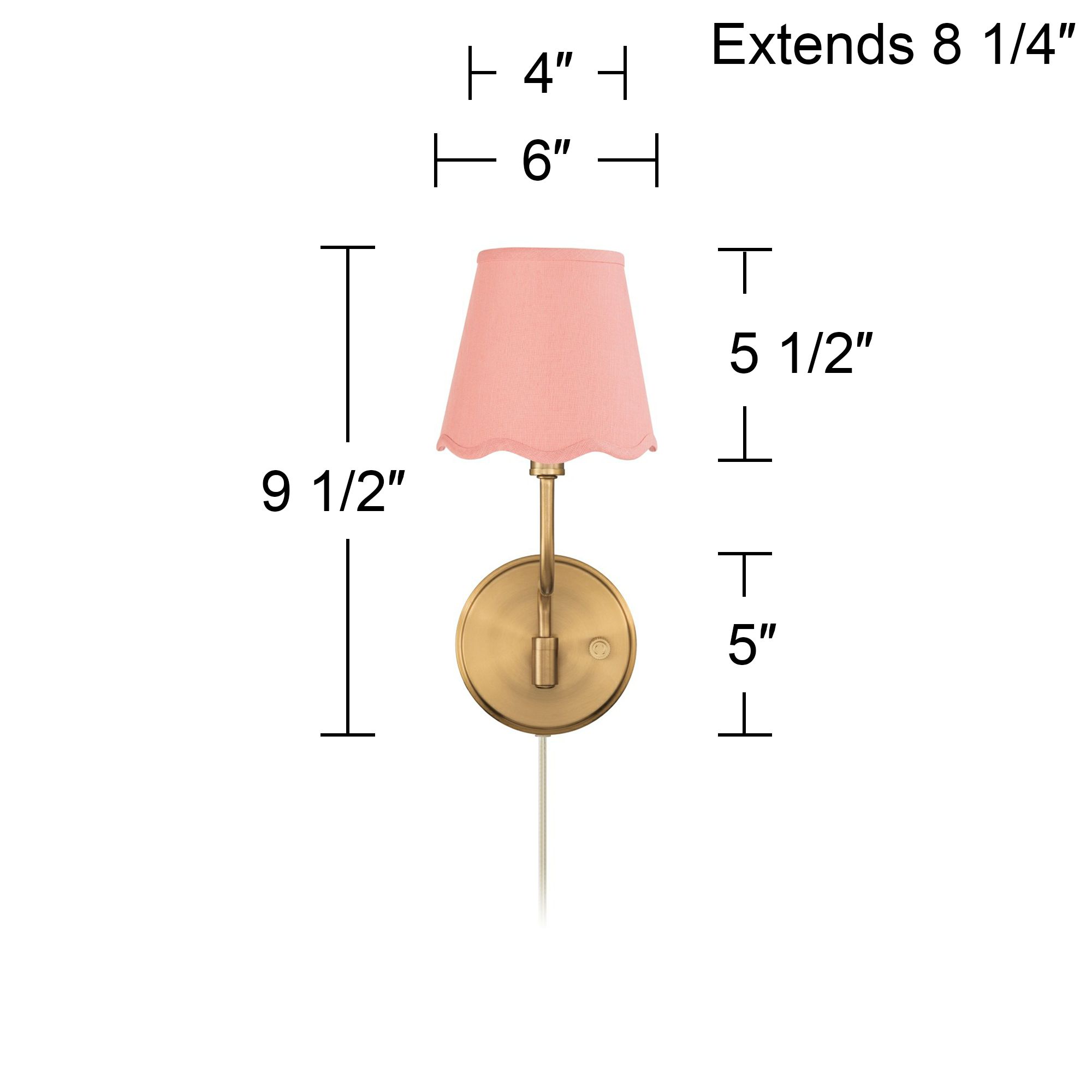 Ophelia 9 1/2"H Warm Brass Plug-In Wall Sconce with Pink Scallop Shade