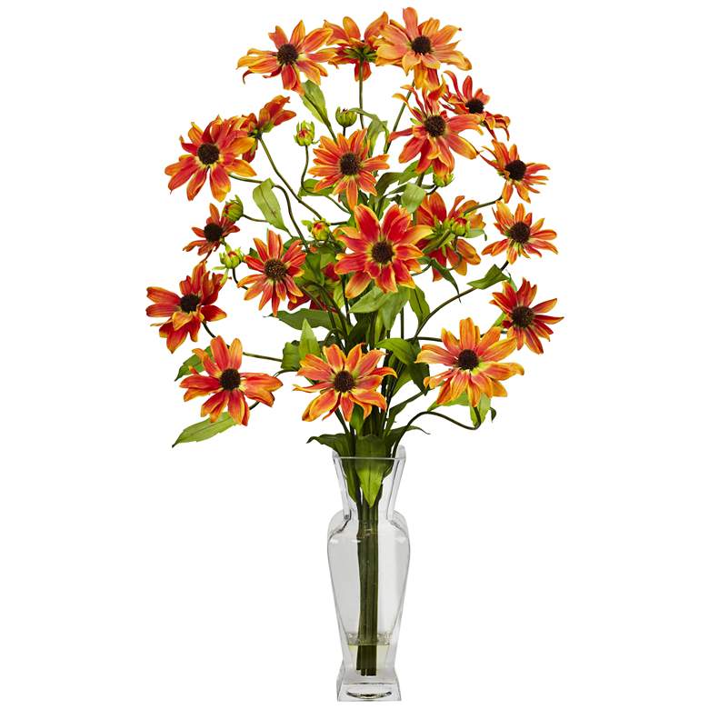Image 1 Orange Cosmos 27" High Faux Flowers in Glass Vase