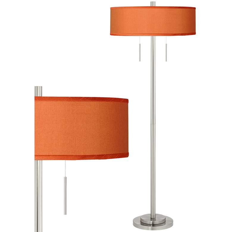 Image 1 Orange Faux Silk Taft Brushed Nickel Floor Lamp