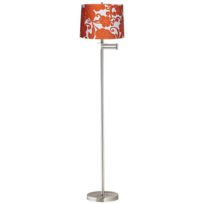 Image 1 Orange Floral Brushed Nickel Swing Arm Floor Lamp