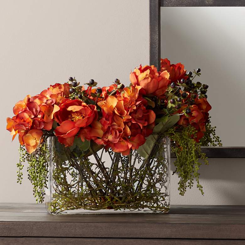 Image 1 Orange Hydrangea 19" Wide Faux Flowers in Glass Vase