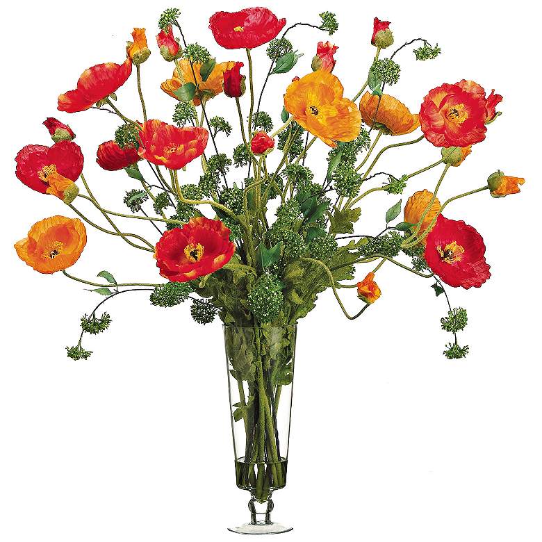 Image 1 Orange Large Poppy 39" Wide Faux Flowers In Glass Vase