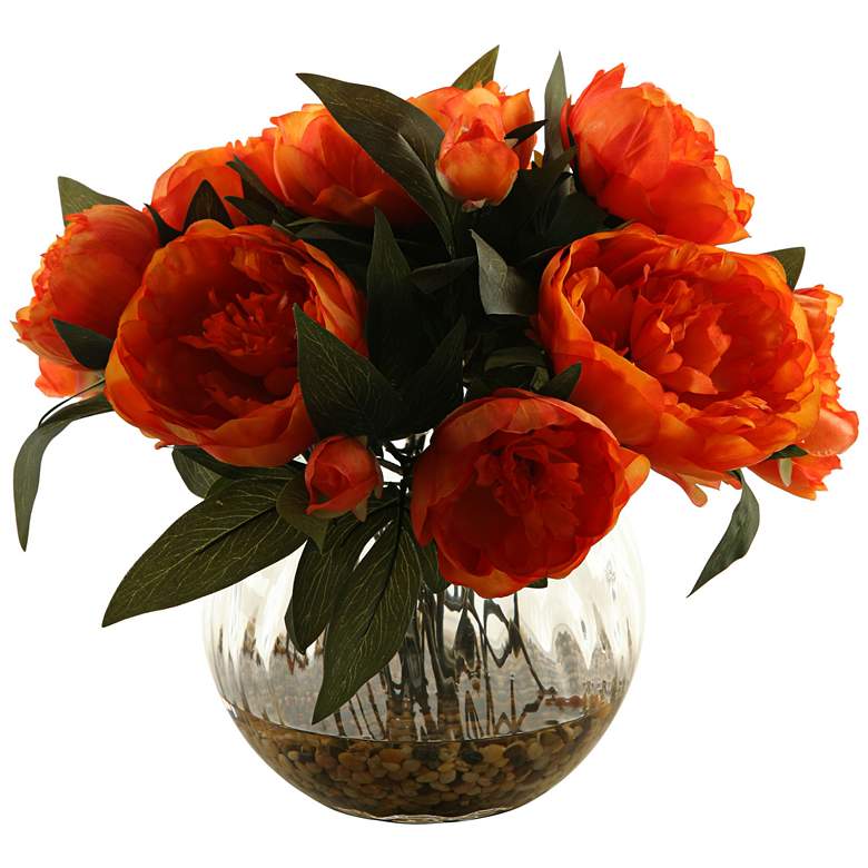Image 1 Orange Peonies 14 inch High in Glass Ball Vase