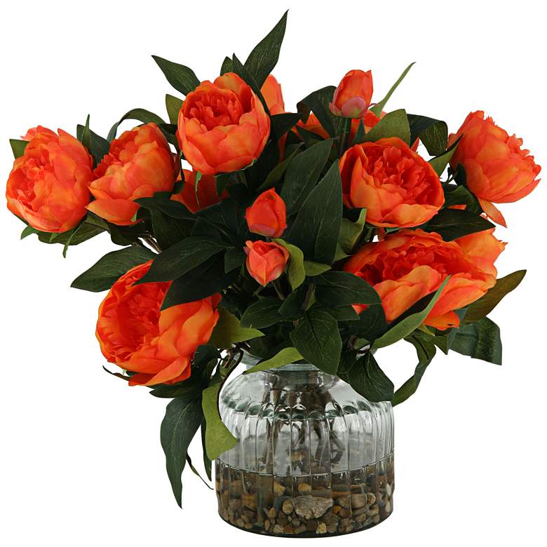 Image 1 Orange Peonies 15 inch High in Ribbed Glass Vase