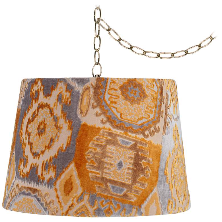 Image 1 Orange Velvet 16" Wide Antique Brass Plug-In Swag Chandelier