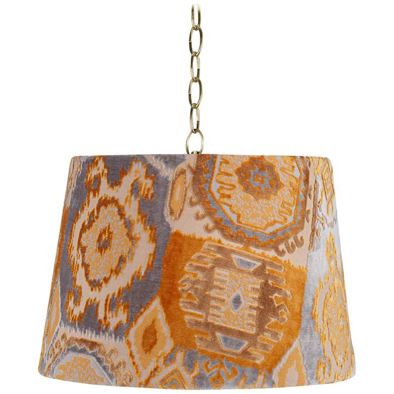 Image 1 Orange Velvet 16 inch Wide Antique Brass Shaded Pendant Light