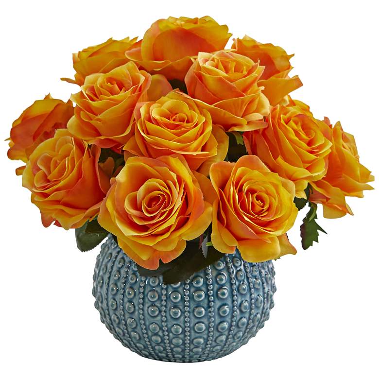 Image 1 Orange Yellow Rose 11 1/2 inch Wide Faux Flowers in Ceramic Vase