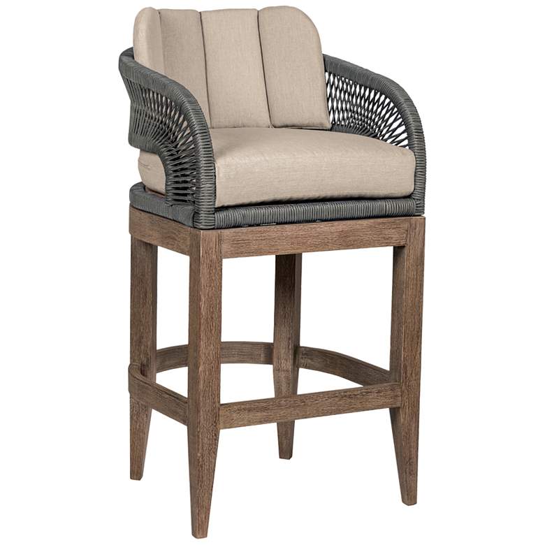 Image 1 Orbit 26 in. Outdoor Barstool in Eucalyptus Wood, Taupe Olefin Cushions