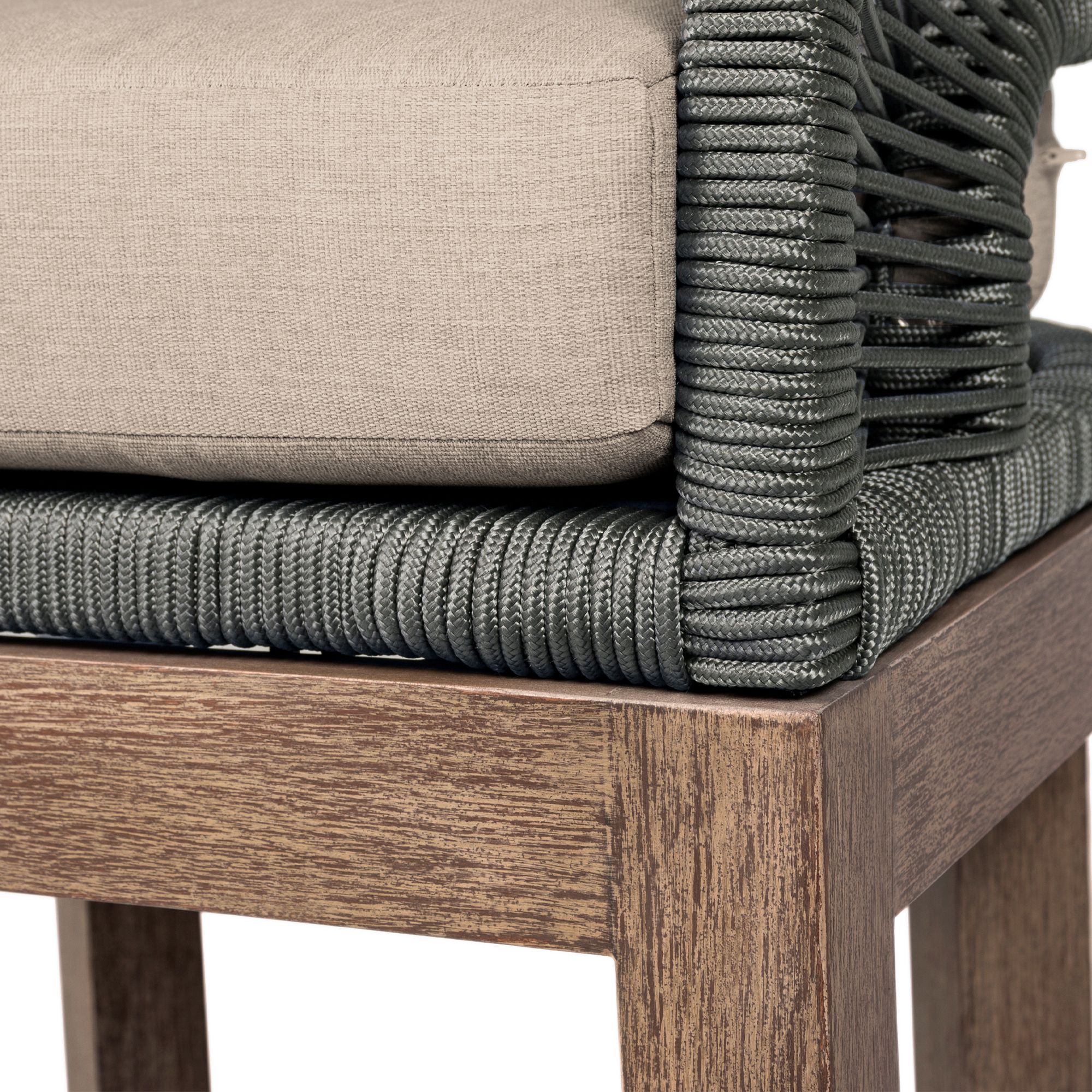 Orbit Outdoor Dining Chair in Eucalyptus Wood, Rope, Taupe Olefin Cushions