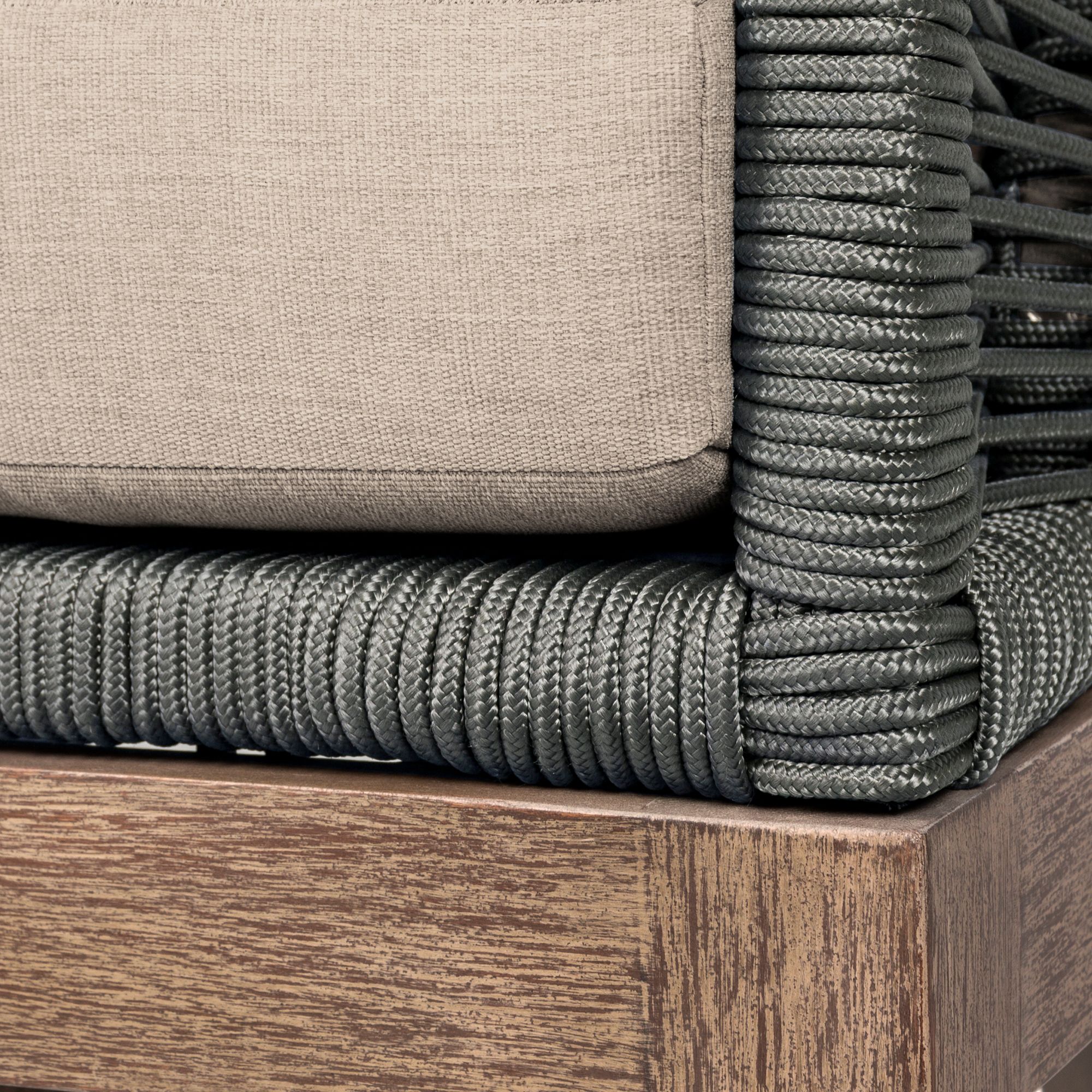 Orbit Outdoor Patio Chair in Eucalyptus Wood, Rope, Taupe Olefin Cushions