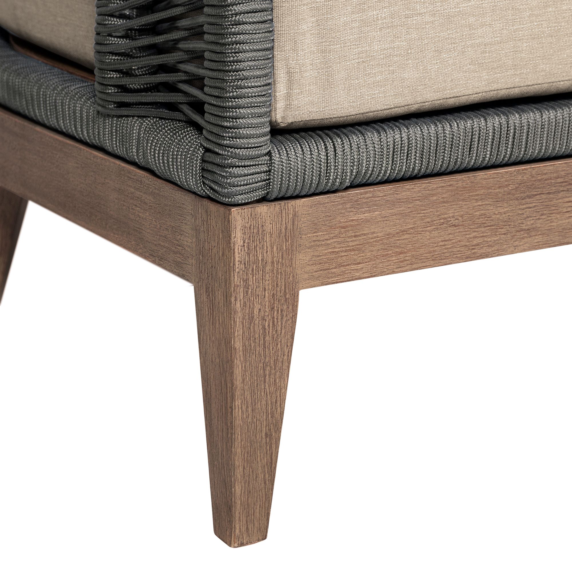 Orbit Outdoor Patio Chair in Eucalyptus Wood, Rope, Taupe Olefin Cushions