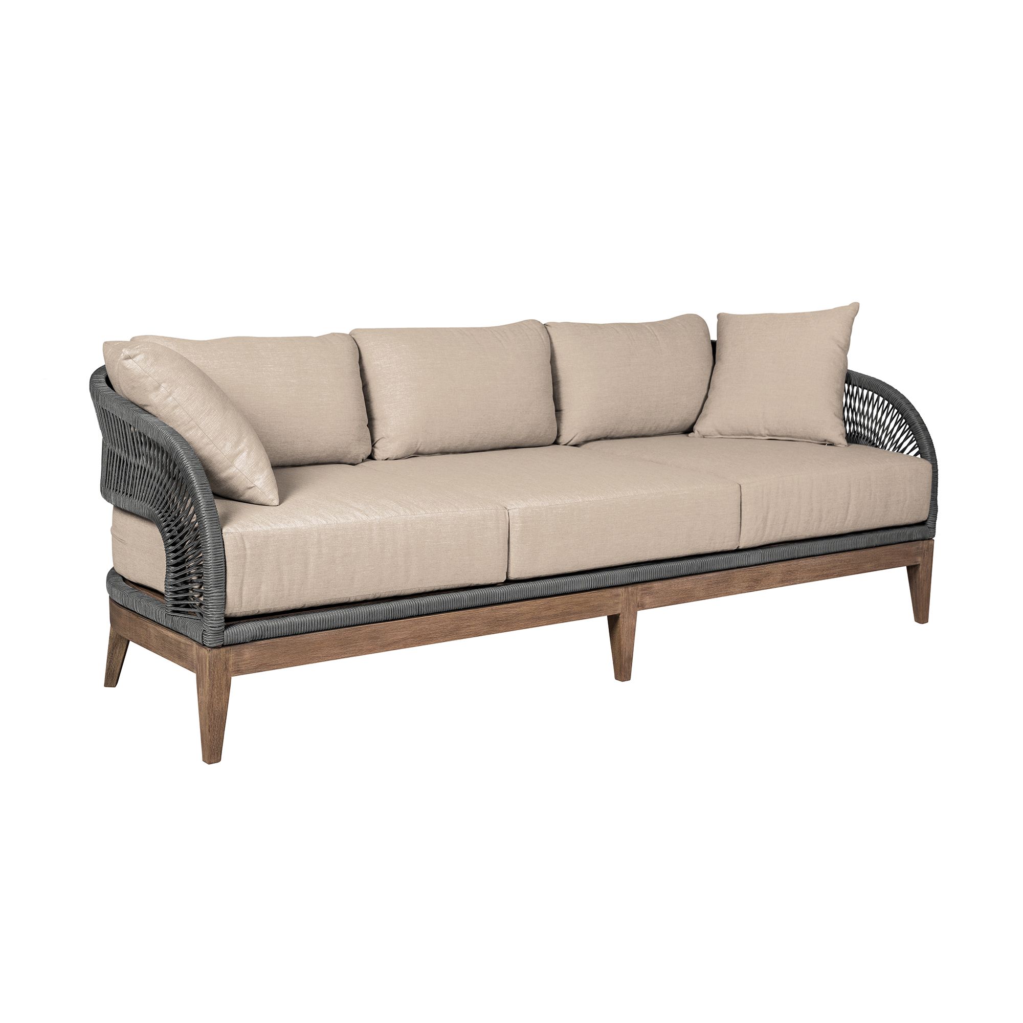 Image 3 Orbit Outdoor Patio Sofa in Eucalyptus Wood, Rope and Taupe Olefin Cushions more views