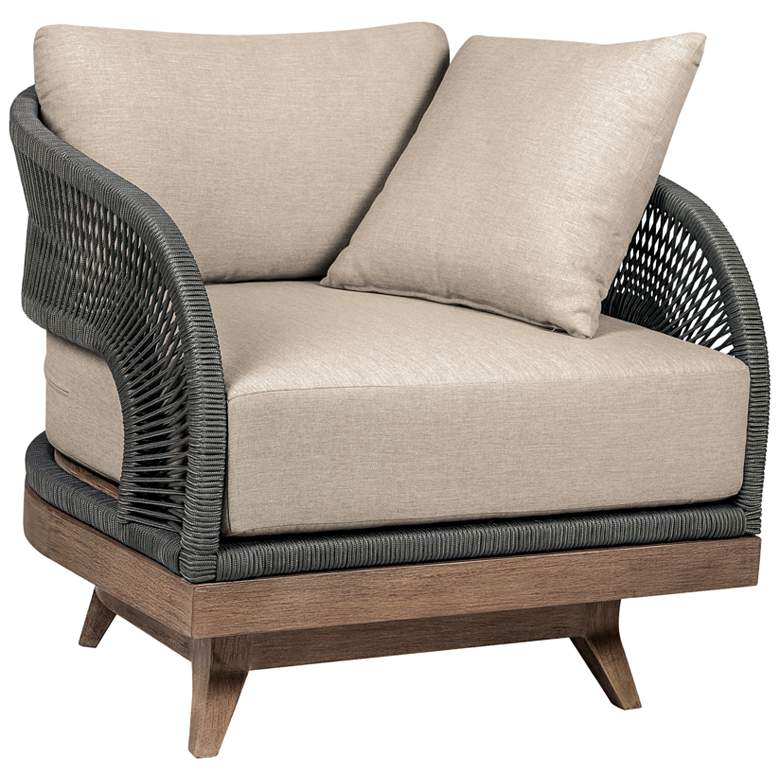 Image 1 Orbit Outdoor Swivel Chair in Eucalyptus Wood, Rope, Taupe Olefin Cushions