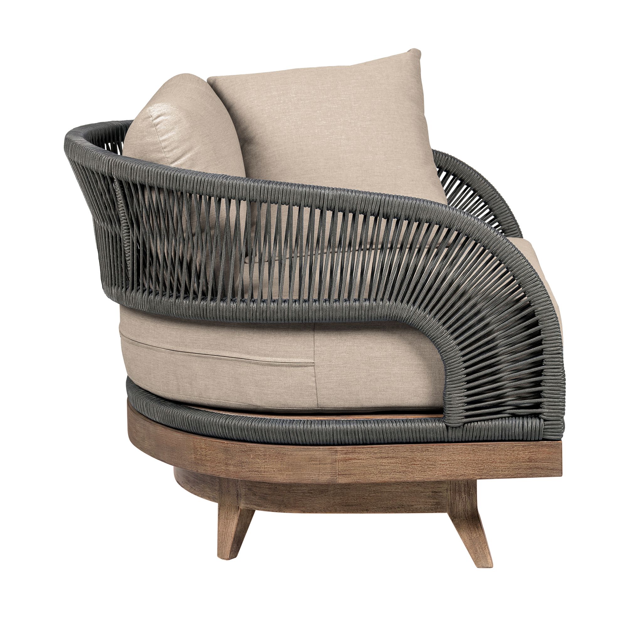Image 4 Orbit Outdoor Swivel Chair in Eucalyptus Wood, Rope, Taupe Olefin Cushions more views
