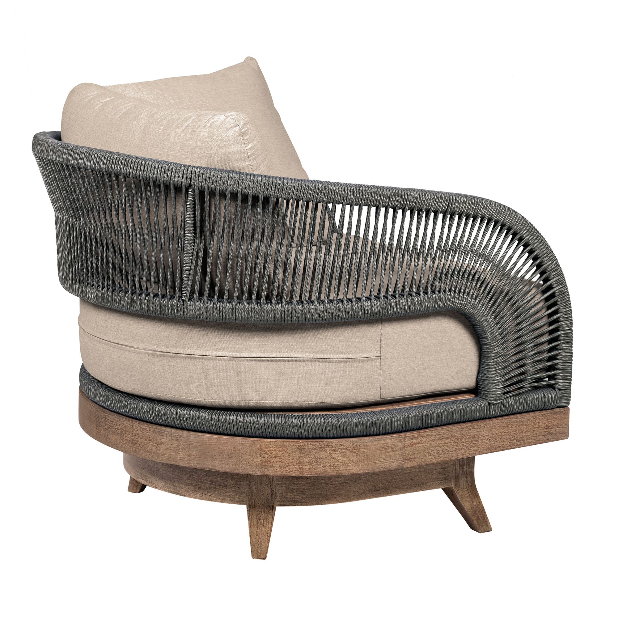 Image 5 Orbit Outdoor Swivel Chair in Eucalyptus Wood, Rope, Taupe Olefin Cushions more views