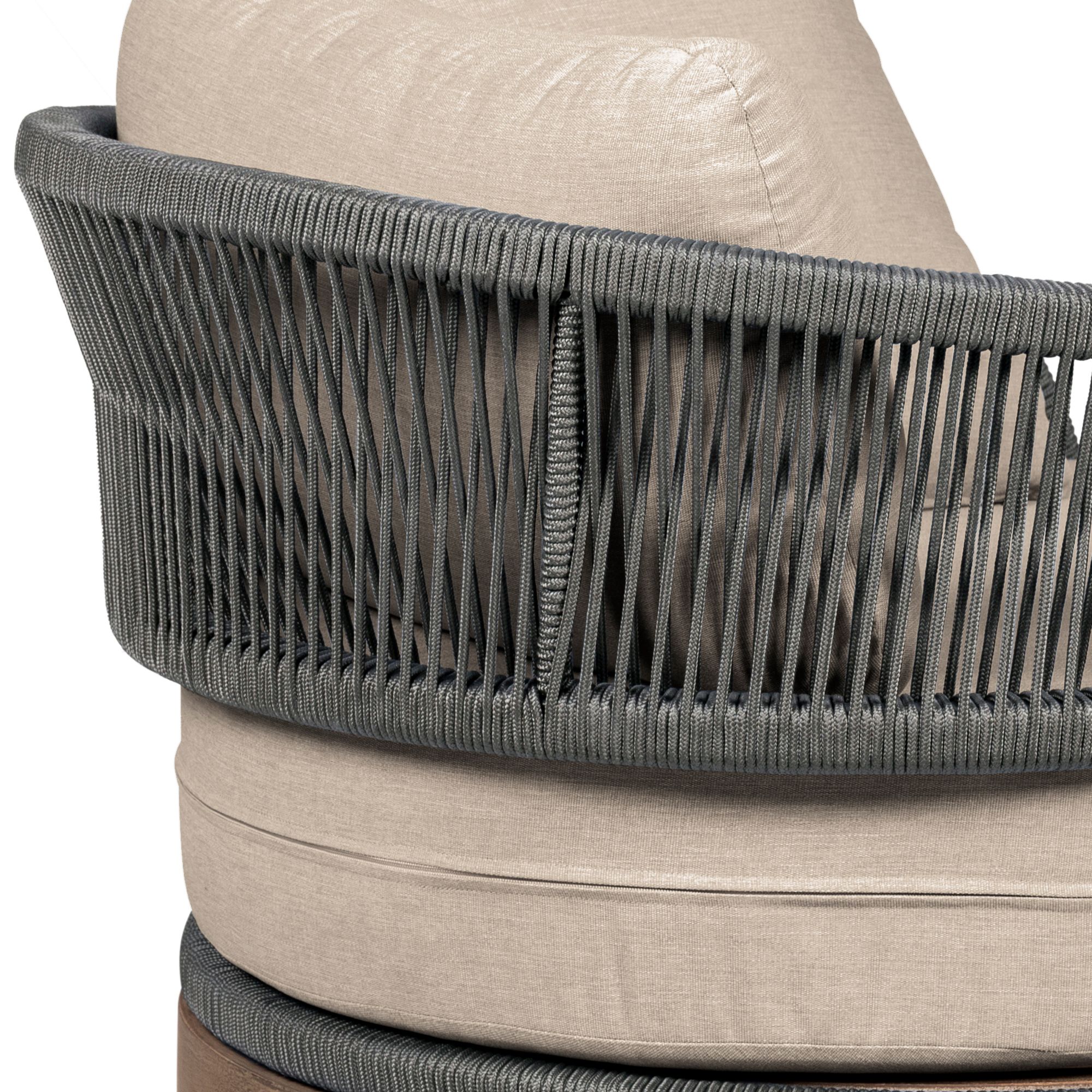 Image 7 Orbit Outdoor Swivel Chair in Eucalyptus Wood, Rope, Taupe Olefin Cushions more views