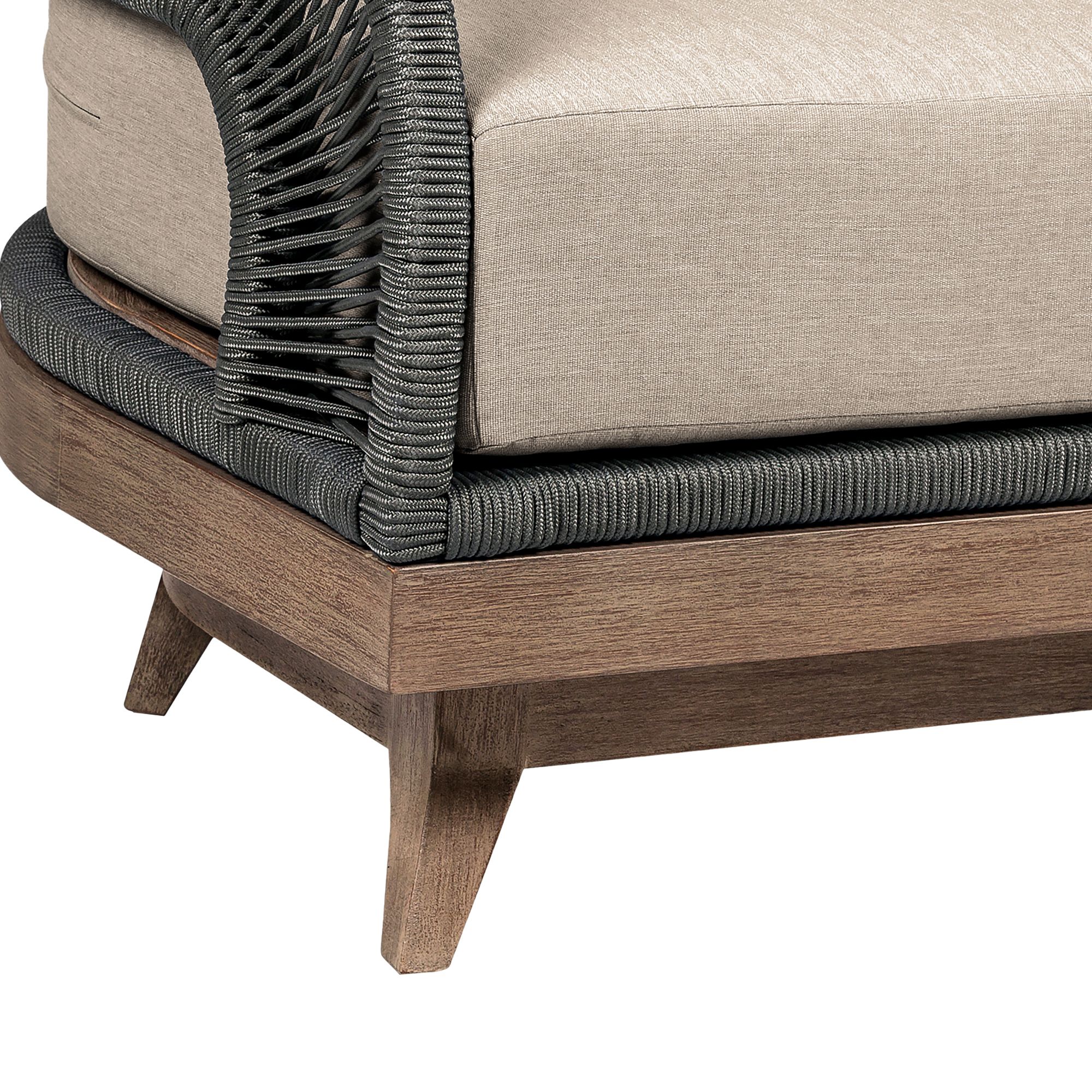 Orbit Outdoor Swivel Chair in Eucalyptus Wood, Rope, Taupe Olefin Cushions