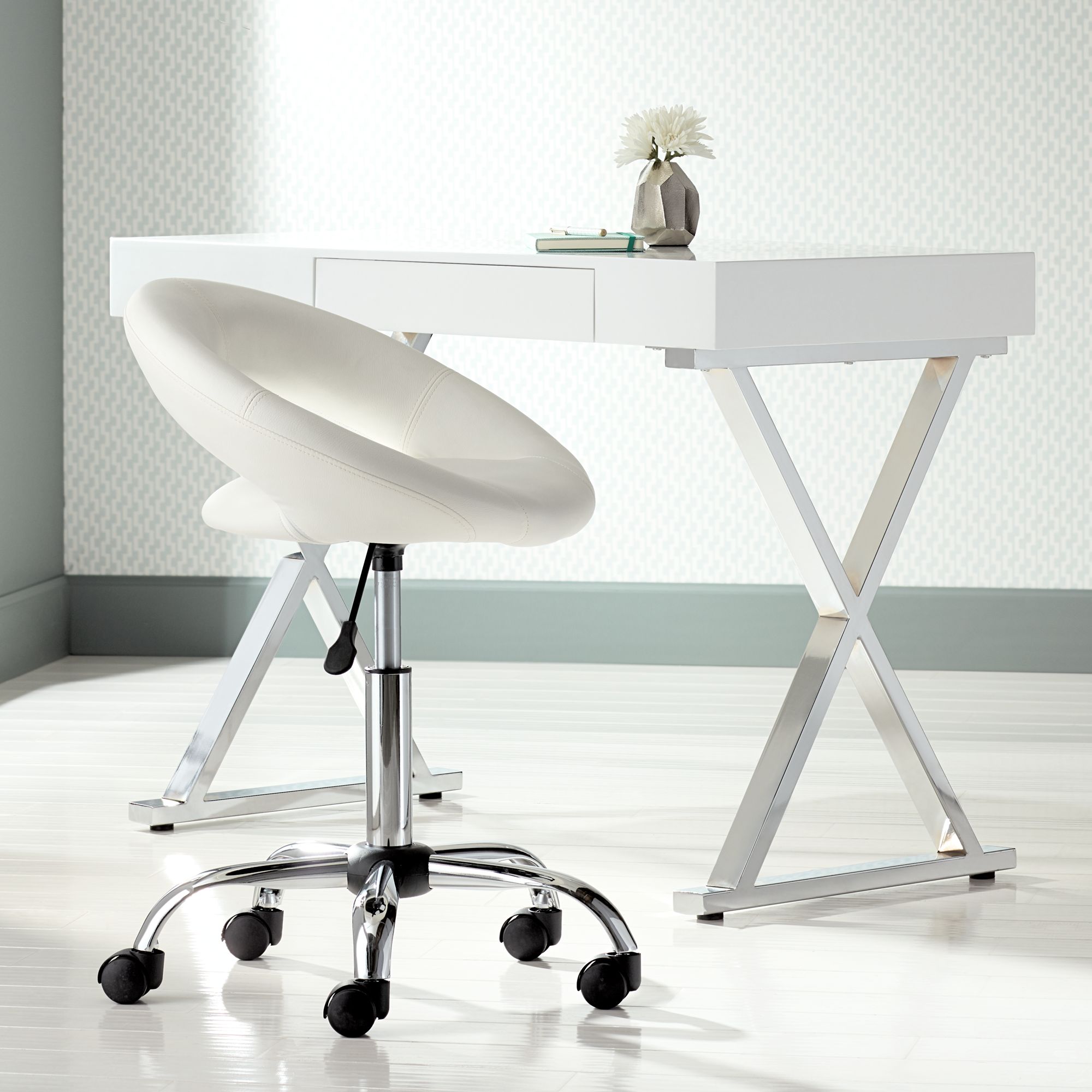 orbit white faux leather adjustable rolling office stool