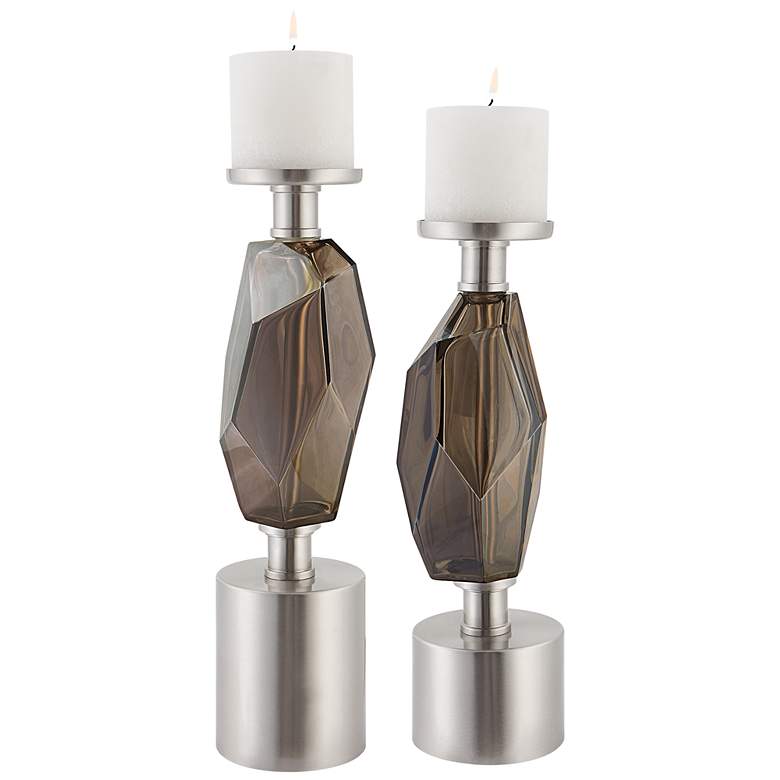 Image 1 Ore Nickel Silver Glass Pillar Candle Holders Set of 2