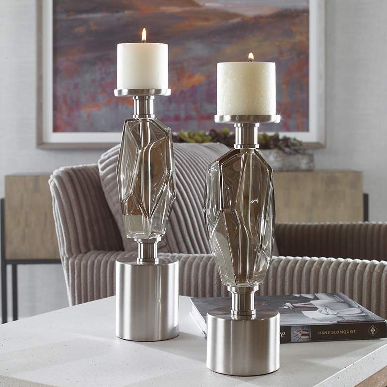 Image 1 Ore Nickel Silver Glass Pillar Candle Holders Set of 2