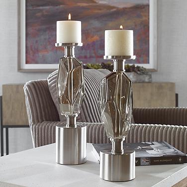 Ore Nickel Silver Glass Pillar Candle Holders Set of 2