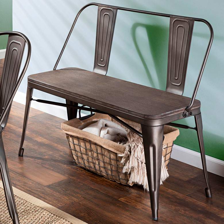 Image 1 Oregon 42" Wide Antique Metal and Espresso Wood Grain Bench
