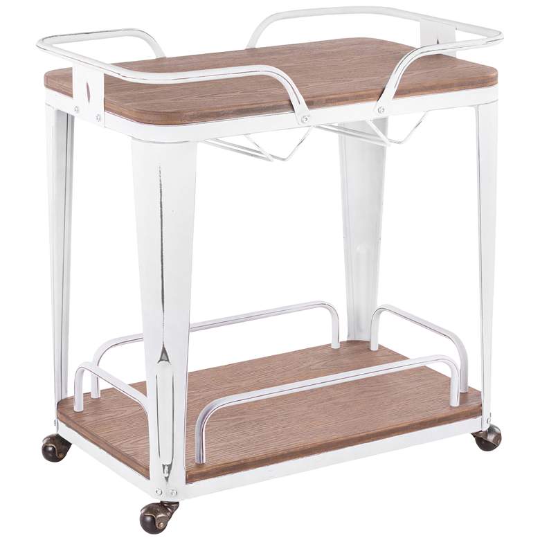 Image 1 Oregon Brown Wood and Vintage White Metal 2-Shelf Bar Cart