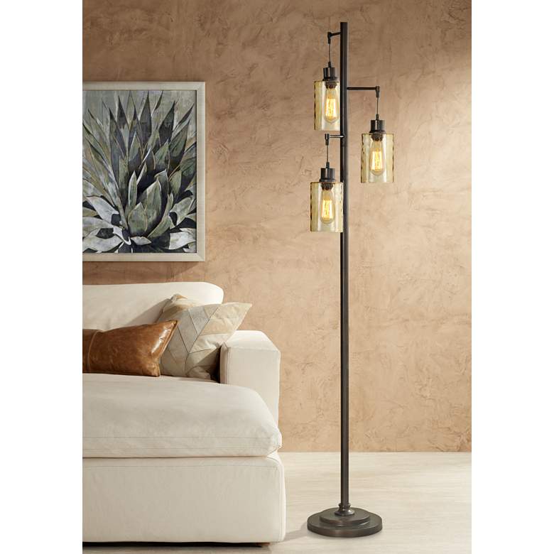 Image 1 Oren 72" High 3-Light Industrial Bronze Glass Shades Floor Lamp