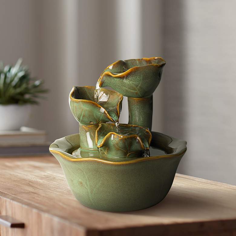 Image 2 Organic Water Lily Ceramic 8" High Tabletop Fountain