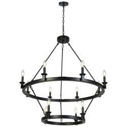 Oriame 39.4" Wide Black 12-Light 2 Tier Wheel Chandelier