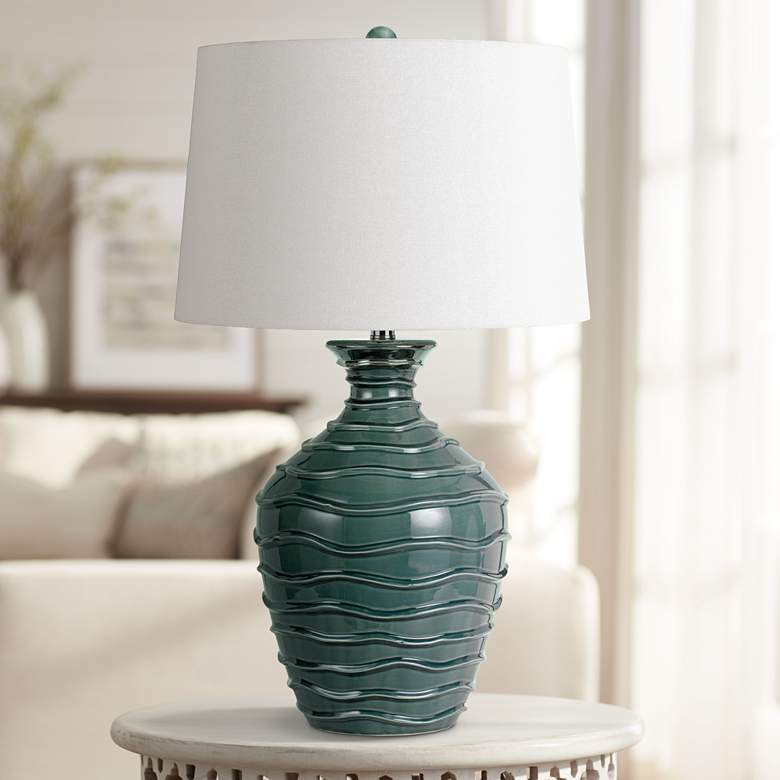 Image 1 Oristano Teal Wave Ceramic Pot Table Lamp
