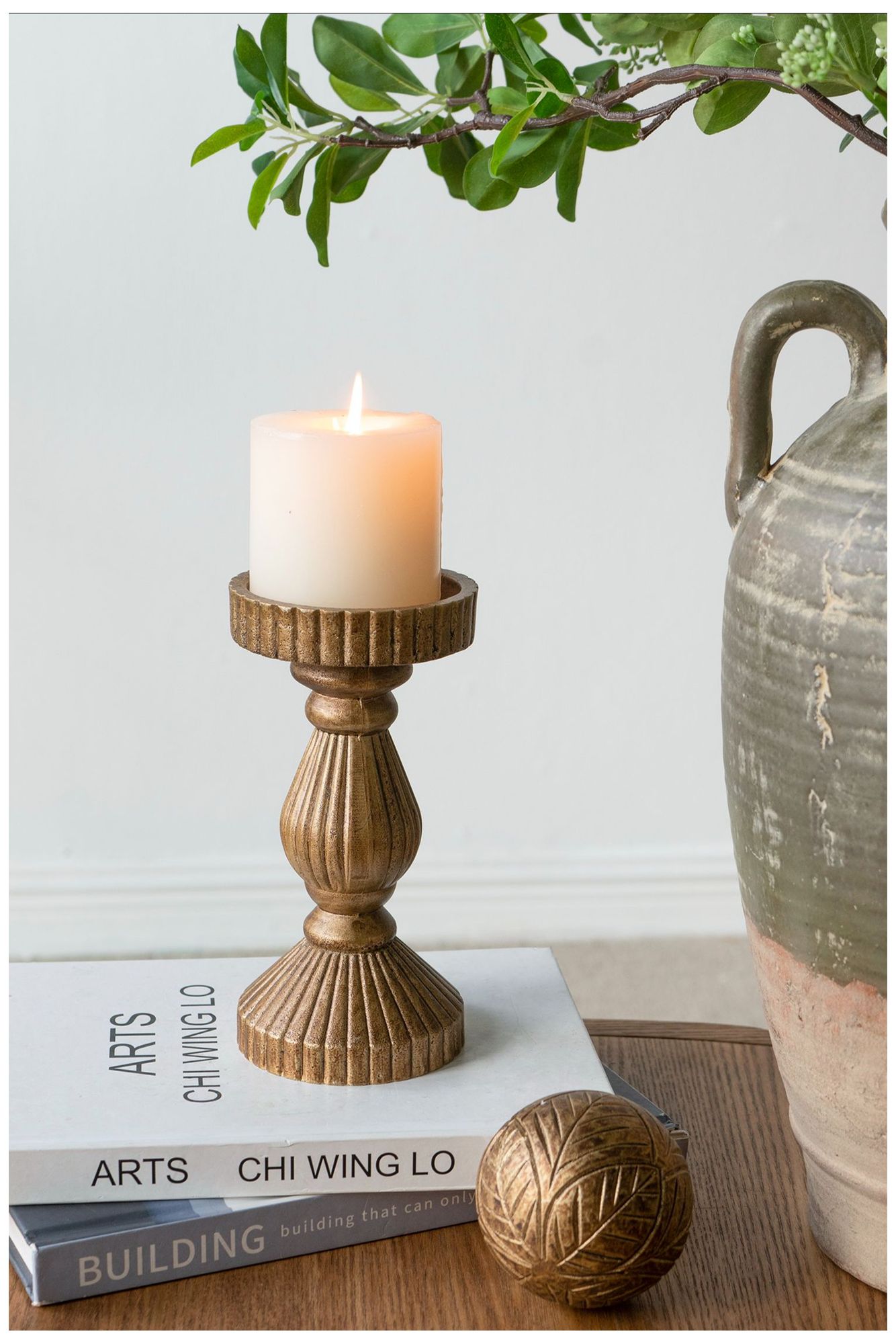 Image 7 Ornate Textured Wooden Candle Holder with Antique Gold - 8 more views