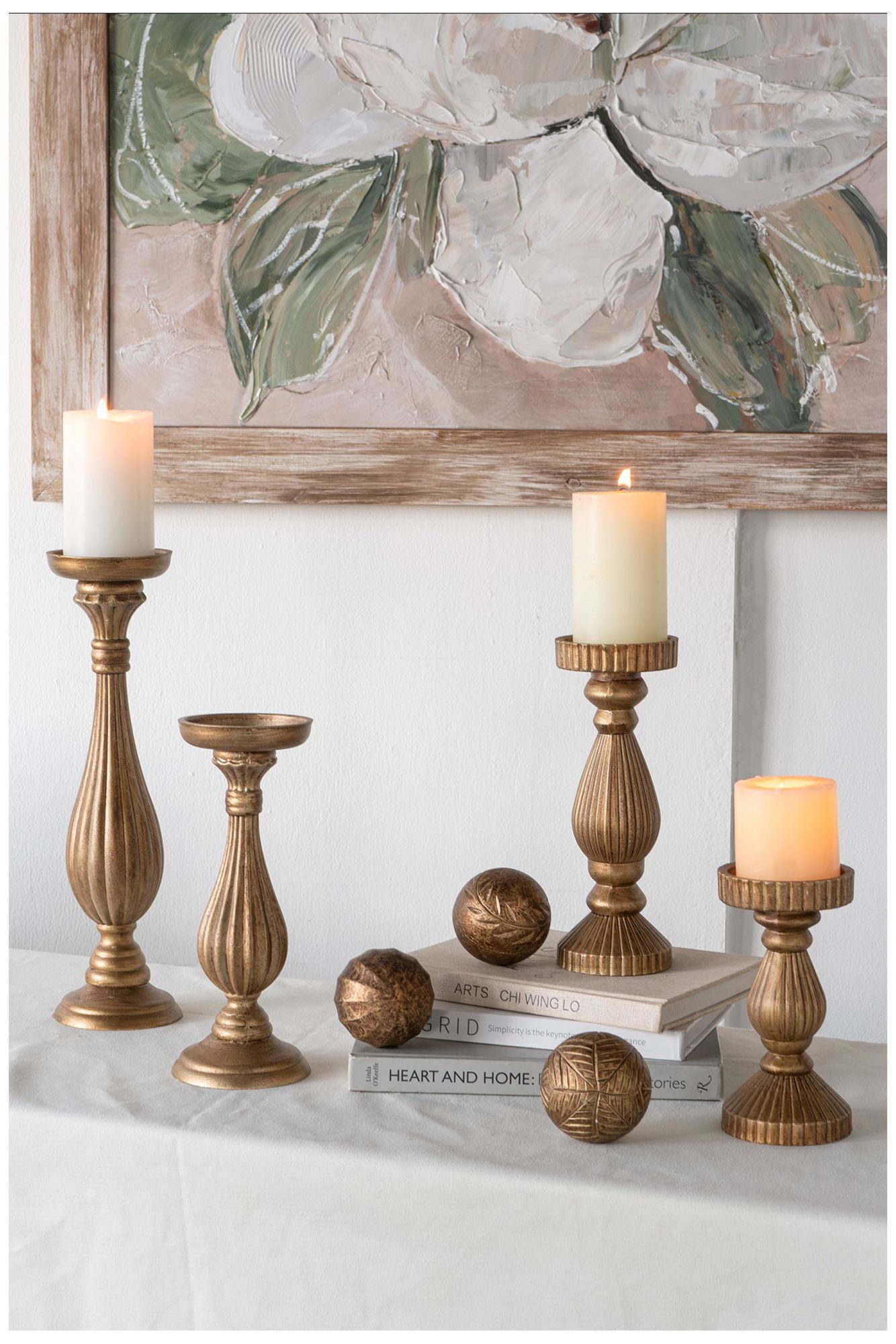Ornate Textured Wooden Candle Holder with Antique Gold - 8