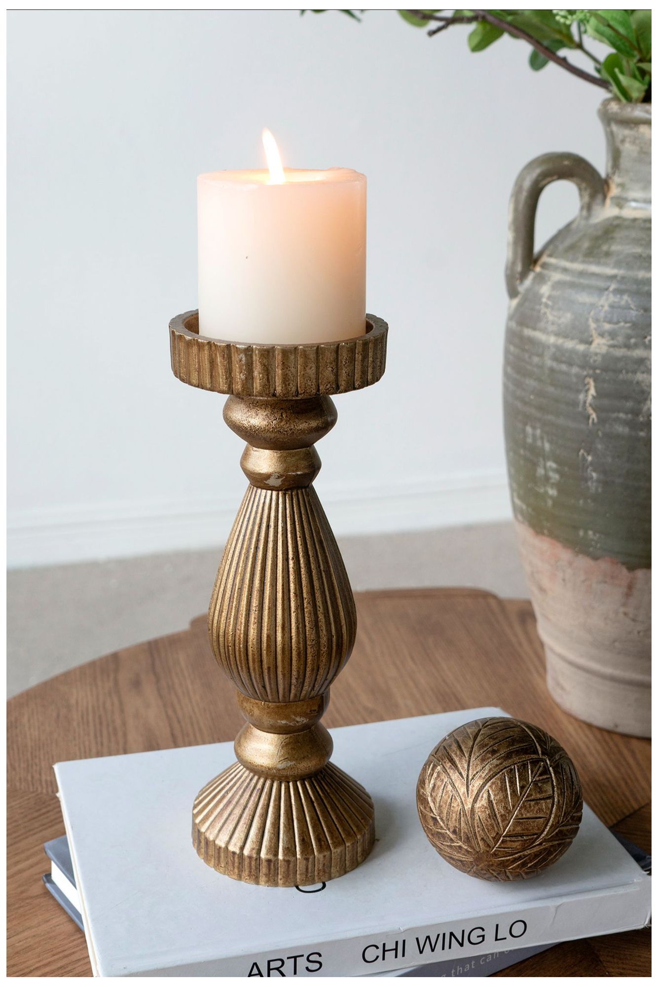 Image 7 Ornate Textured Wooden Candle Holder with Antique Gold Finish more views