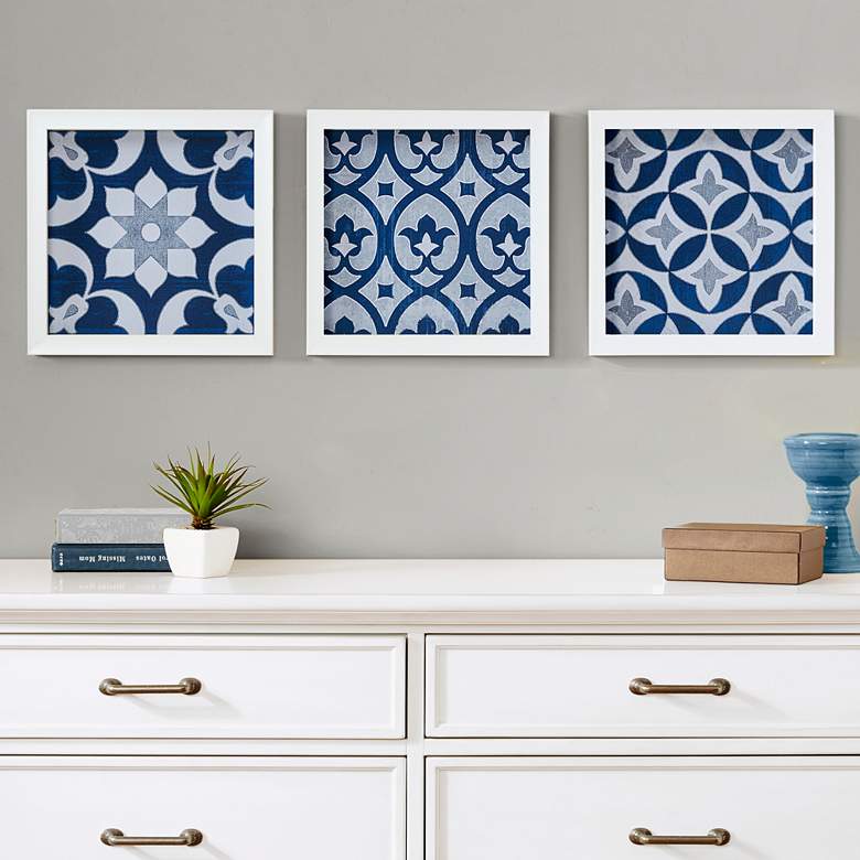 Ornos Tiles 12&quot; Square 3-Piece Navy Printed Wall Art Set
