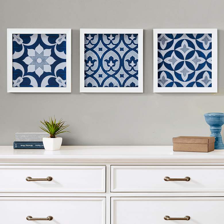 Image 1 Ornos Tiles 12" Square 3-Piece Navy Printed Wall Art Set