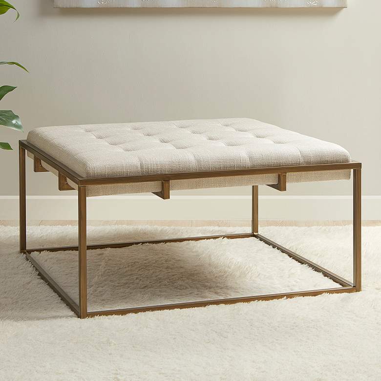 Image 1 Orrell 35"W Ivory Tufted Fabric Square Ottoman/Coffee Table