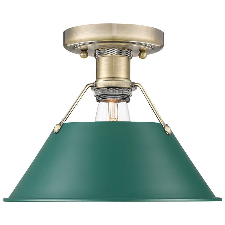 Image 1 Orwell 1-Light Flush Mount in Aged Brass with Pine Green