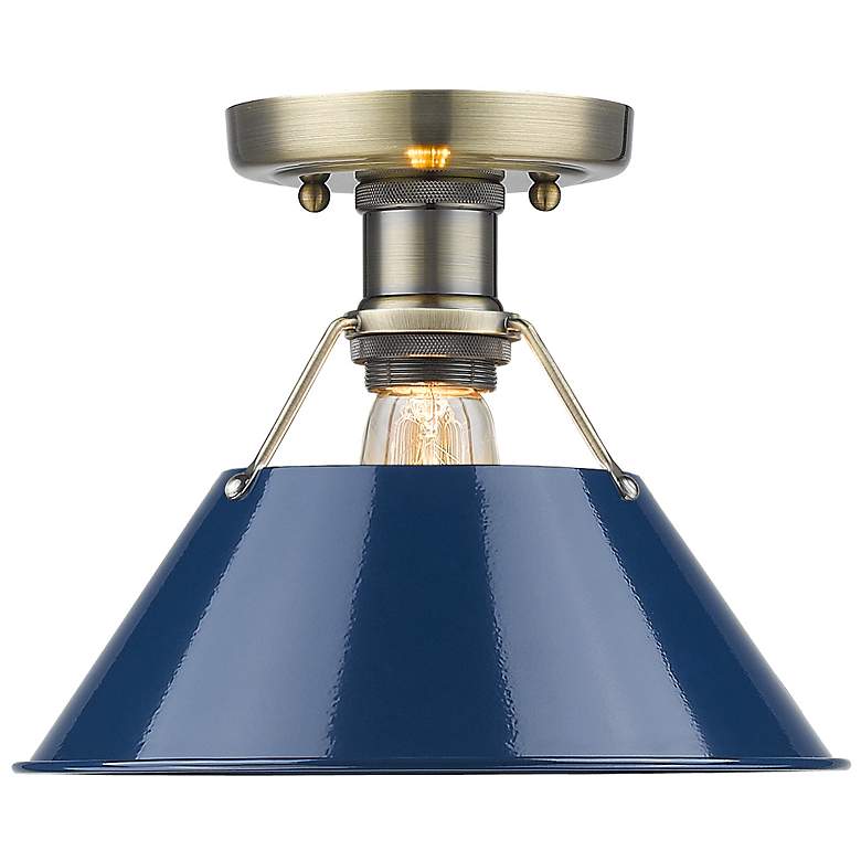 Image 1 Orwell 10" Wide Aged Brass 1-Light Flush Mount With Navy Blue Shade