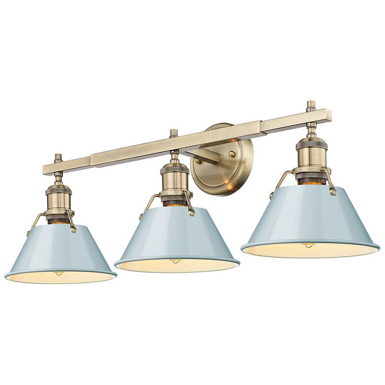 Image 1 Orwell 27.25 inch Wide 3-Light Aged Brass Vanity Light with Seafoam Shade
