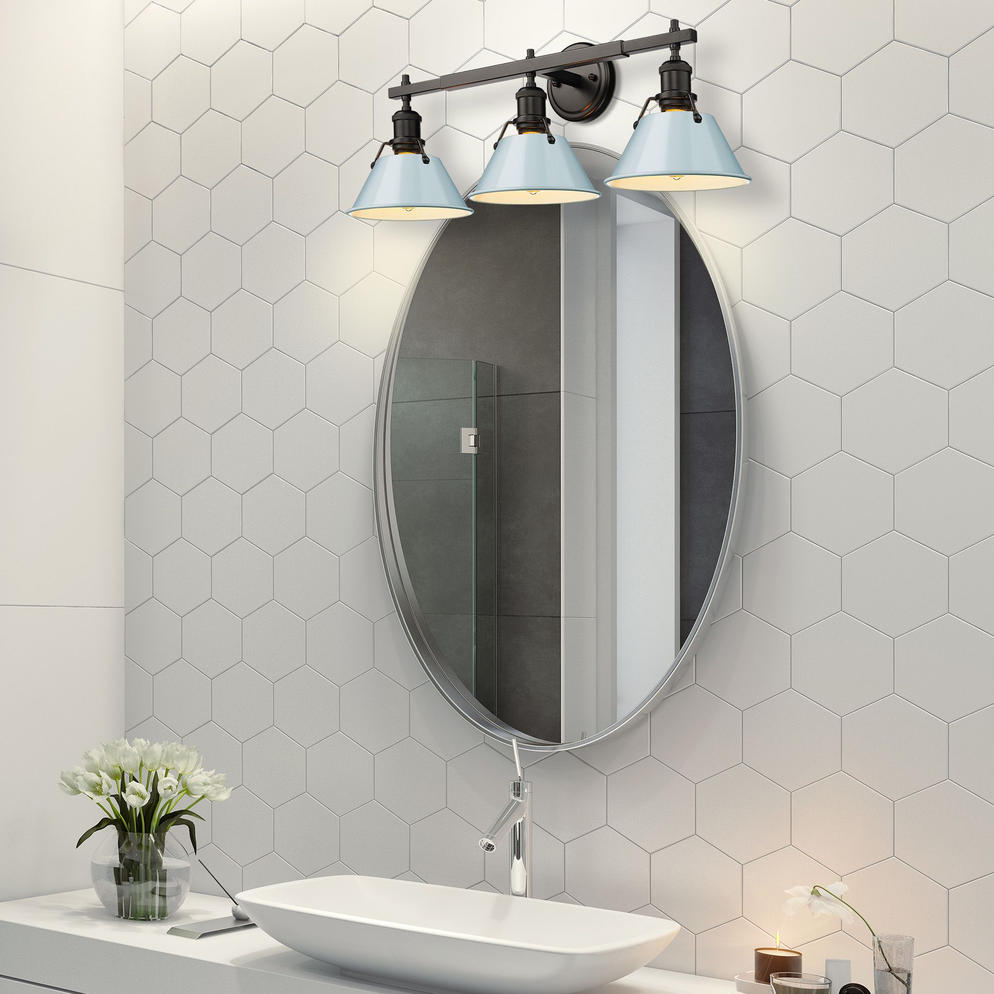 Orwell 27.25" Wide 3-Light Matte Black Vanity Light with Seafoam Shade
