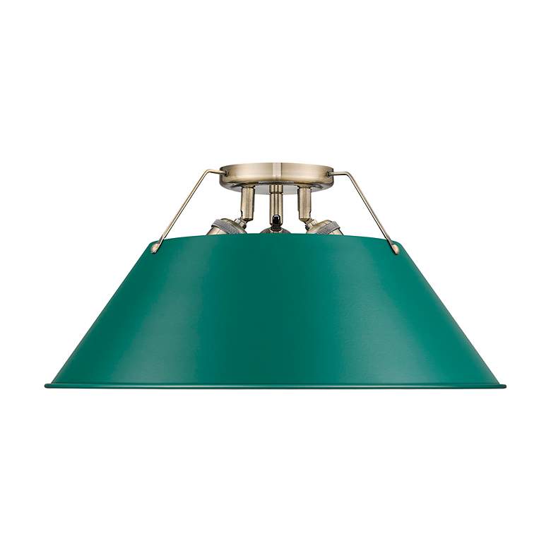 Image 2 Orwell 3-Light Flush Mount in Aged Brass with Pine Green more views