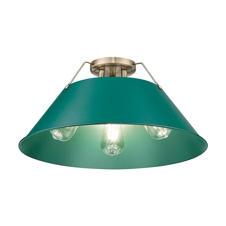 Image 3 Orwell 3-Light Flush Mount in Aged Brass with Pine Green more views