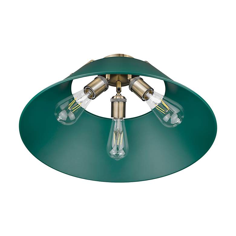 Image 4 Orwell 3-Light Flush Mount in Aged Brass with Pine Green more views