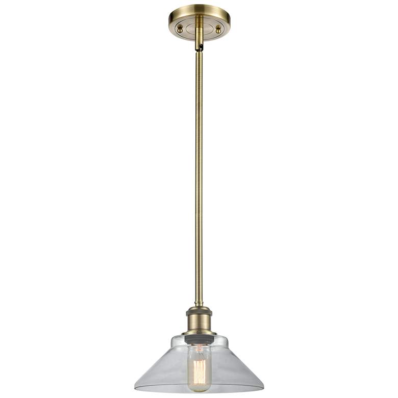 Image 1 Orwell 8.38" Wide Antique Brass Stem Hung Mini Pendant w/ Clear Shade