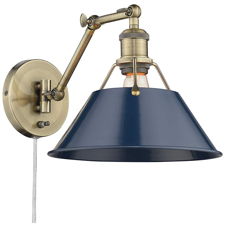 Image 1 Orwell Aged Brass Swing Arm Wall Lamp with Navy Blue Shade