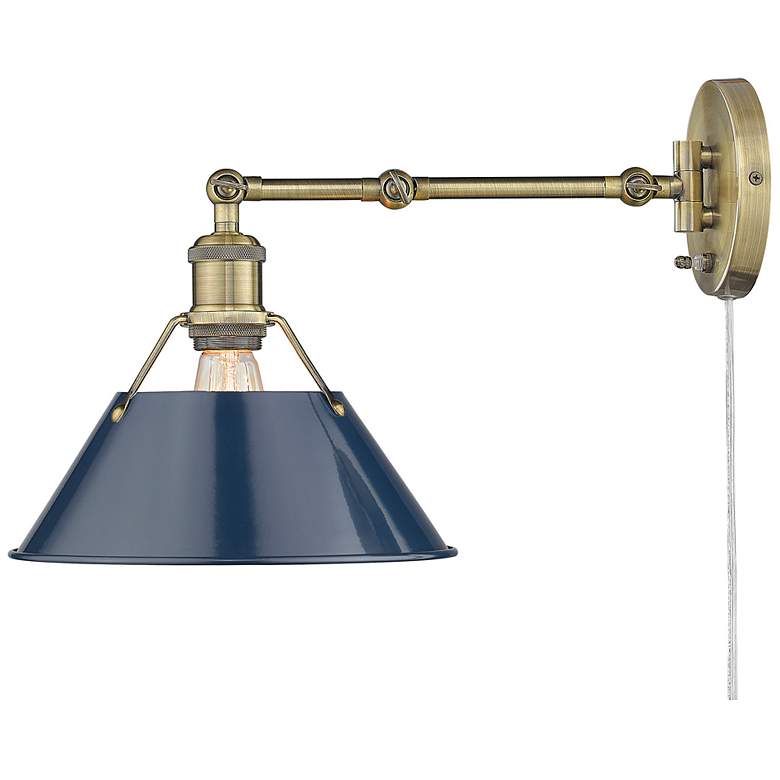Image 3 Orwell Aged Brass Swing Arm Wall Lamp with Navy Blue Shade more views